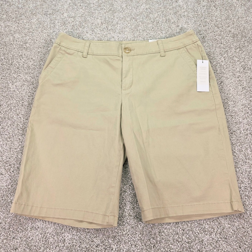 New Liz Claiborne Womens Classic Chino Bermuda Shorts Khaki Tan Dark Dune 8‎ NEW